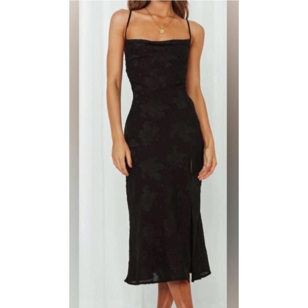 NEW Hello Molly Midi Dress XS Black Floral Cowl Neck Backless Slit